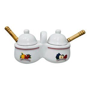 Vintage Smuckers Double Sided Jam/Jelly/Condiment Jar With Spoons & Lids EUC